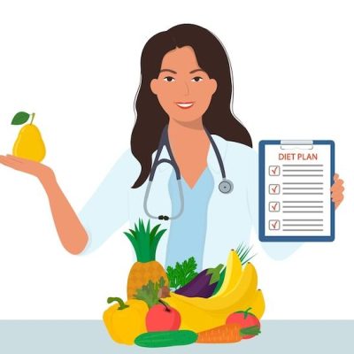 Bonito jovem nutricionista feliz recomendando comer alimentos orgânicos _ Vetor Premium